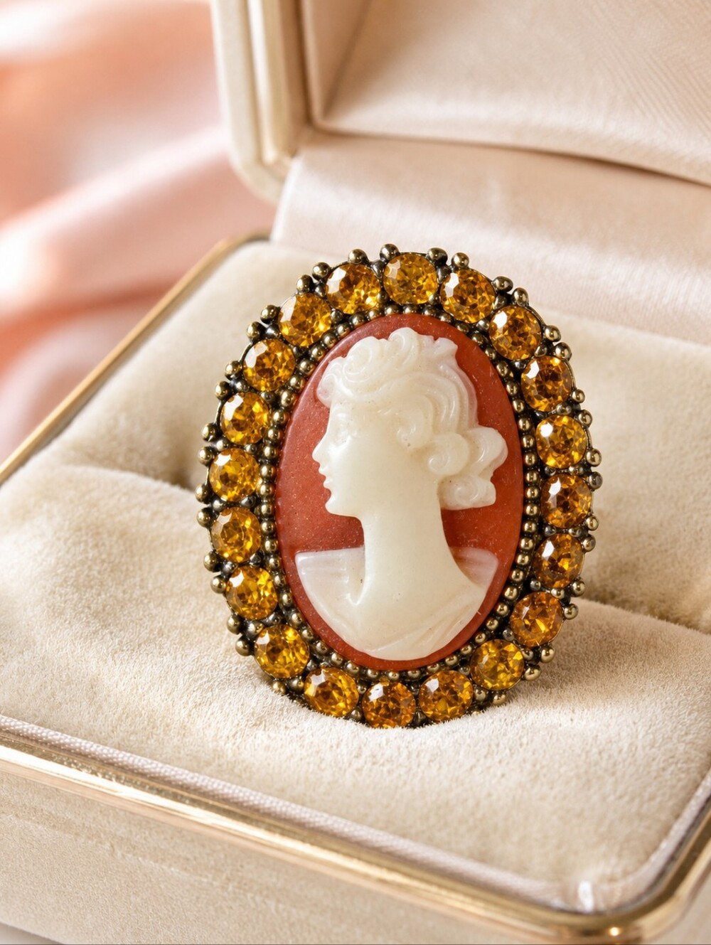 Vintage D'Orlan Cameo Brooch 2239 Gold Plated Crystal Portrait Pin